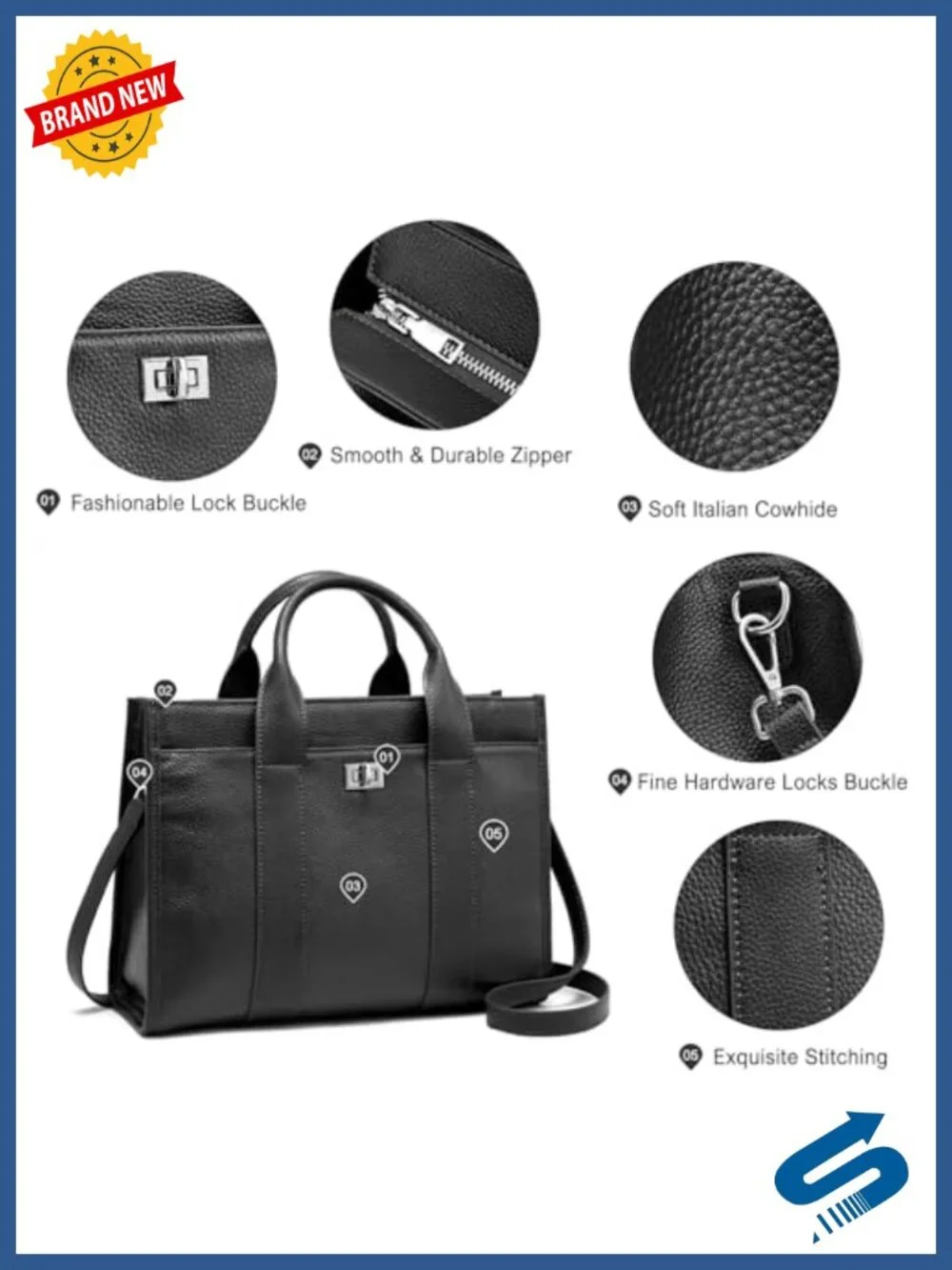 Genuine Leather Tote Bag with Compartments Work Crossbody Shoulder Purse